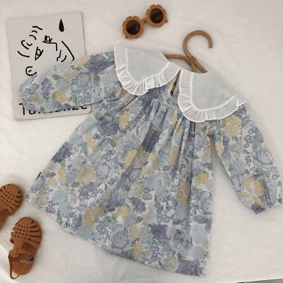 オシャレ春秋 ガールズ 子供服 シフトドレス レトロ ワンピース ボタニカル 花柄 フリル襟 ワンピ 90-140