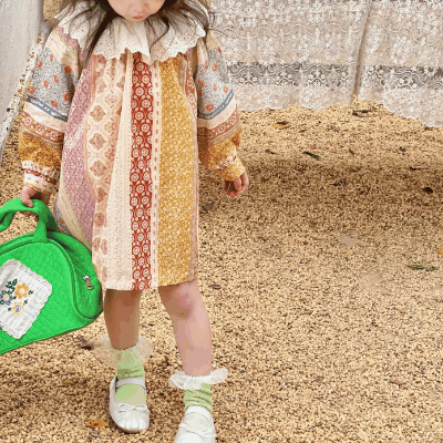 オシャレ春秋 ガールズ 森系 レトロ 花柄ストライプ柄 シフトドレス ワンピース ワンピ 7-15