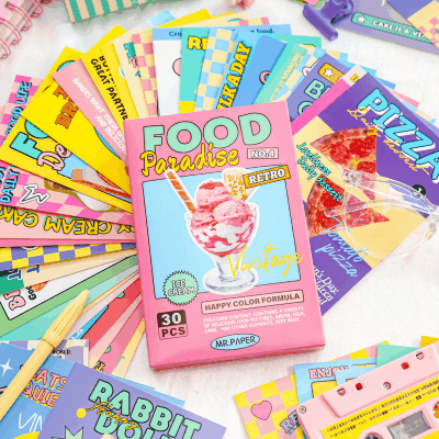 Y2K ラッピング 新年/誕生日/祝日 カード 葉書 グルメ デザート アニマル ネコ犬 ぬいぐるみ 熊兎 30枚入