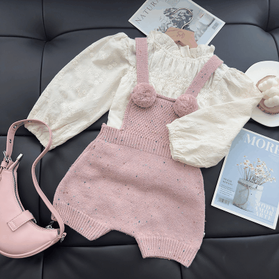 秋冬新作 ガールズ フリル ブラウス シャツ ニット ポンポン ショートパンツ サロペット 90-140