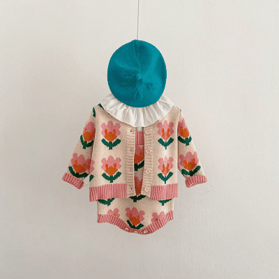 秋冬新作 ガールズ 子供服 ニット 花柄 ジャケット カーディガン 連体服 ロンパース セーター 66-100