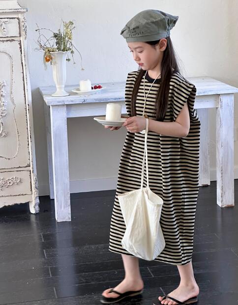 「2024」子供服★ワンピース★ボーダー★韓国風子供服★ノースリーブ★2色★90-140CM