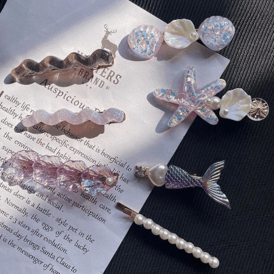 春夏 レディース ガールズ少女 ヘアクリップ ヘアピン 貝殻ヒトデ アクリルパール 人魚姫 マーメイド 7枚入