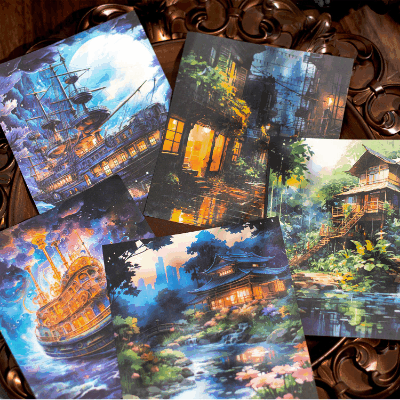 ペーパー素材紙 ミニノート メモ紙 アンティーク 海洋世界 風景 船 城市 森 30枚入