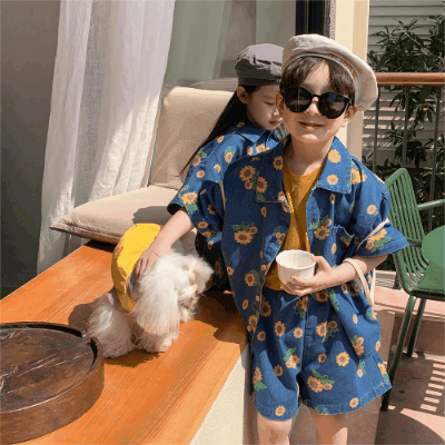 韓国風子供服 2024春夏 姉妹兄弟コーデ デニム 花柄 上下セット トップス シャツ+ズボン 90-150cm