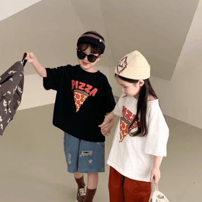 2024春夏 韓国風子供服 姉妹兄弟コーデ ユニセックス子供服 ピザ Tシャツ トップス 90-150cm 2色