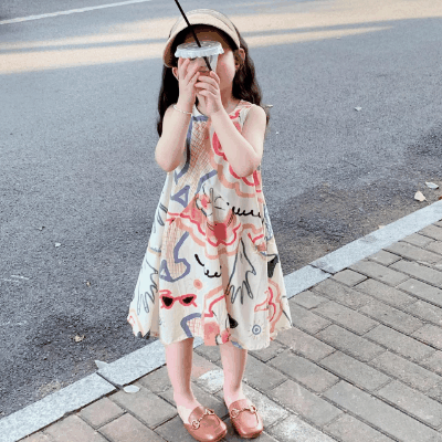 春夏 韓国風子供服 ガール シフトドレス プリント ノースリープ ワンピース ワンピ 80-140