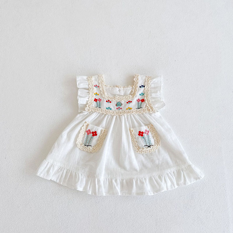 お勧め 春夏新作 子供服 女の子 花柄刺繍 フリル 袖なしワンピ シフトドレス ワンピース 66-100