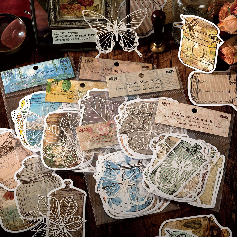 文具 シール貼紙 手帳素材 アンティーク 幾何学ラベル 植物花葉 リボン瓶 封口貼 葉蝶柄レース 11枚入