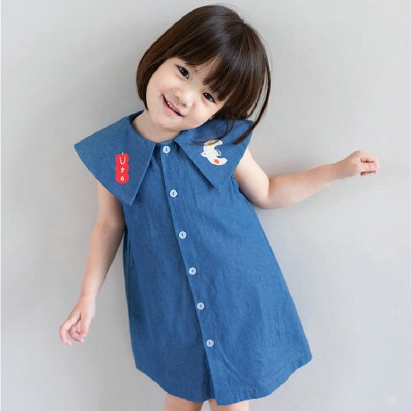 お勧め 春夏新作 子供服 3-8歳女の子 袖なしワンピース デニムワンピ シャツドレス 刺繍 7-15