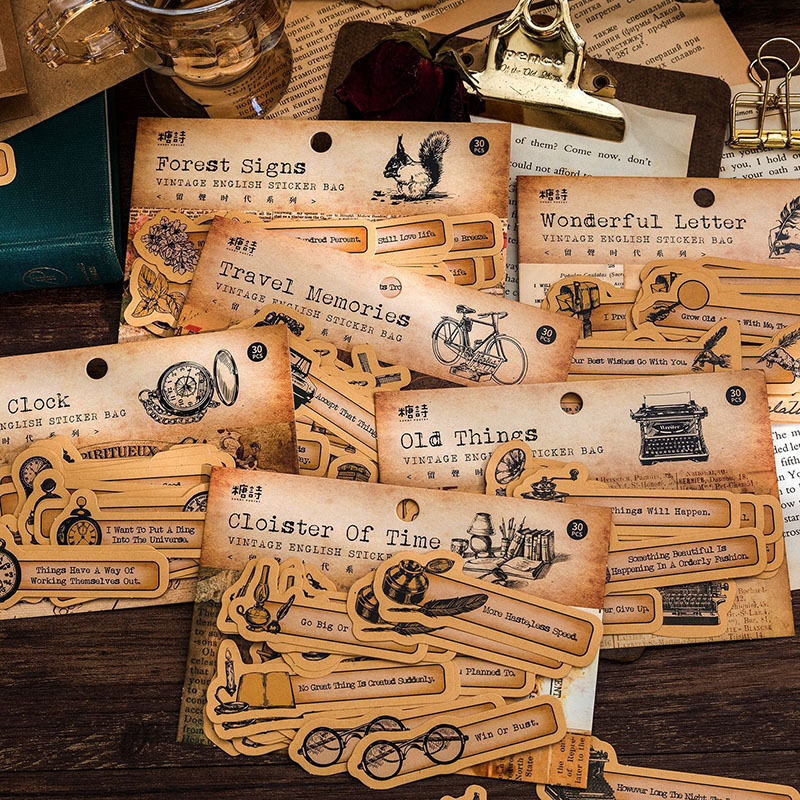 文具 シール貼紙 手帳素材 アンティーク 幾何学ラベル 植物花葉蝶キノコ 旅行 封口貼 中古雑貨時計 30枚入