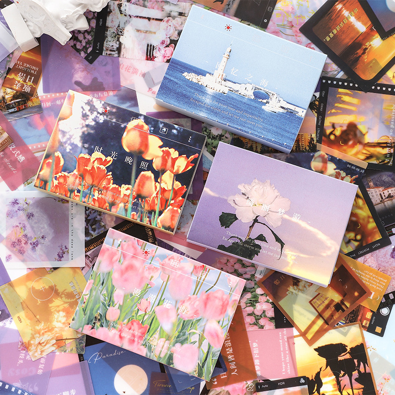 春夏 文具PETシール貼紙封口貼 手帳素材 写真撮影 自然風景 海 植物花葉 青い空 幾何学ラベル 60枚入