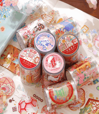 文具 PETシール貼紙 手帳素材 封口貼 マスキングテープ 中華風 植物花葉兎 扇子灯窓 幾何学 55mm*3m