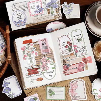 インテリア メモ紙 アンティーク メッセージ ラベル イラスト フラワー バタフライ 30枚入