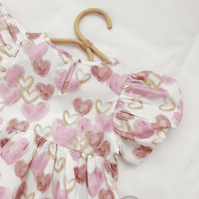 カジュアル ガールズ キッズ フリル ハート シフトドレス ワンピース パフスリーブワンピ 90-140