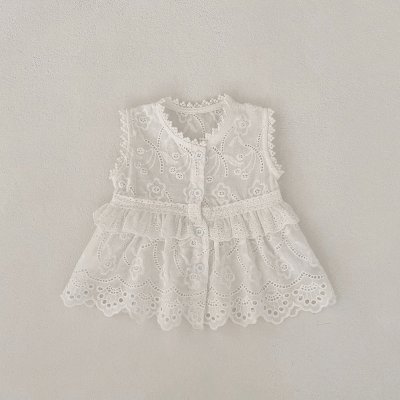 女の子 プリンセス 夏新作 ブラウス ノースリープ上着 花柄刺繍 フリル シャツ トップ 66-100