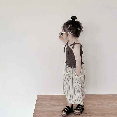 お勧め 春夏新作 韓国風子供服 トップ キャミソール+ズボン ワイドパンツ ブラウス ストライプ柄 5-13