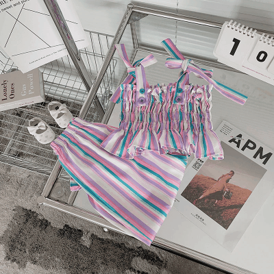 春夏 韓国風 ストライプ柄 ワイドパンツ リボン フリル ノースリープ キャミソール+パンツ 90-140