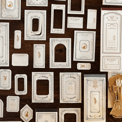 カフェ風 素材紙メモ紙 イラスト アンティーク 植物花葉 バタフライ 猫 幾何学ラベル 50枚入