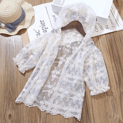 お勧め 春夏 ガールズ キッズ ロングジャケット 日焼け止め 紫外線対策 フード付上着 花柄刺繍 80-130