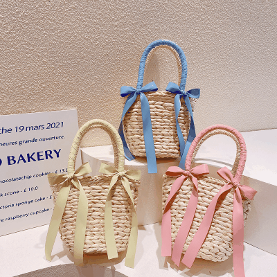 お勧め 春夏 キッズ子供 ポシェット かごバッグ 編みバッグ リボン ハンドバッグ ガールズ ビーチ海