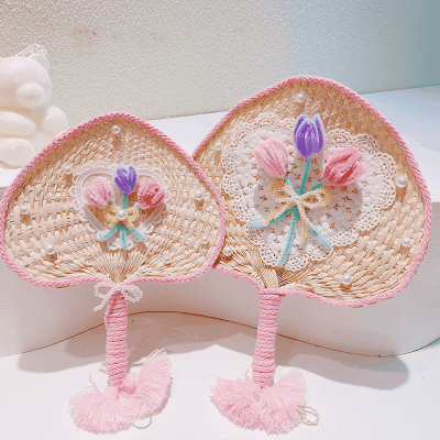 夏 扇子 編み 手作り うちわ レディース キッズ少女 団扇 浴衣 着物用 暑さ 熱中症対策 パール フラワー