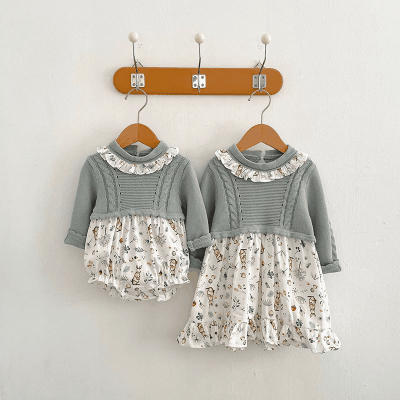 秋冬新作 ガールズ 連体服 花柄兎 フリル ワンピース ニット ロンパース カバーオール 66-90/73-110