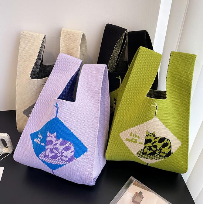 バッグ★レディース★トートバッグ★ハンドバッグ★ニットバッグ★大容量★猫柄★4色