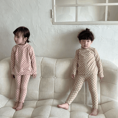 秋冬新作 ユニセックス ルームウェア 保温インナー ボディスーツ チェック柄 Tシャツ+ズボン 80-150