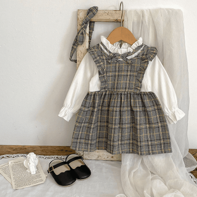 オシャレ春秋 秋冬新作 ガール チェック柄 フリル 重ね着風 シフトドレス ヘアバンド+ワンピース 73-110