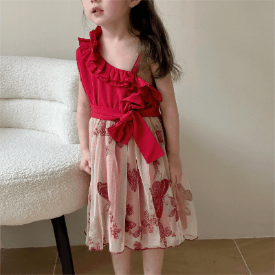 韓国風子供服 キッズ春夏 ワンピース 花柄 蝶 ノースリーブ ワンピ フリル チュールスカート 90-120cm
