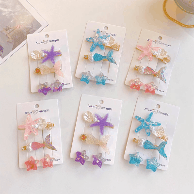 2024春夏 ガール ヘアクリップ ヘアピン 海洋系 スパンコール キラキラ 貝殻シェル ヒトデ パール 人魚 尾