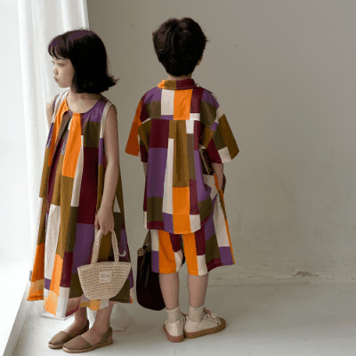 韓国風子供服 チェック柄 2024春夏 姉妹兄弟コーデ ワンピース&シャツ上着 トップス 半ズボン 90-150cm
