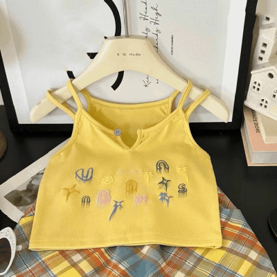 韓国風子供服 春夏 ガールズ 3-8歳 刺繍 チェック柄 ミニスカート キャミソール 上着+スカート 5-13