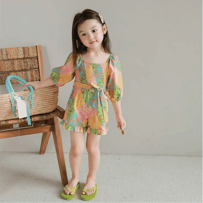 春夏 韓国風子供服 キッズ ガール 連体服 花柄 リボン フリル ショートパンツ 半袖連体ズボン 7-17