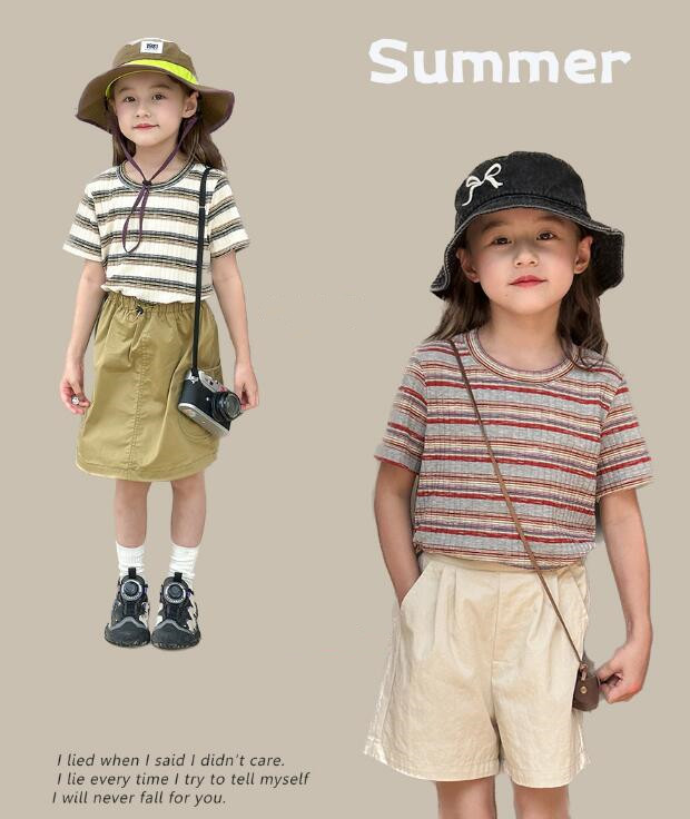 「2024」子供服★トップス★Tシャツ★半袖★ストライプ★韓国風子供服★2色★90-150CM