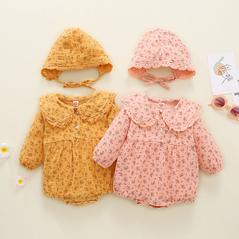 韓国風子供服 お勧め 春夏新作 カバーオール 女の子連体服 小花柄 フリル 帽子+ロンパース66-100
