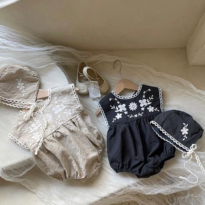 子供服★ロンパース+帽子★連体服★刺繍★可愛い★ベビー★ノースリープ★2色★66-90CM