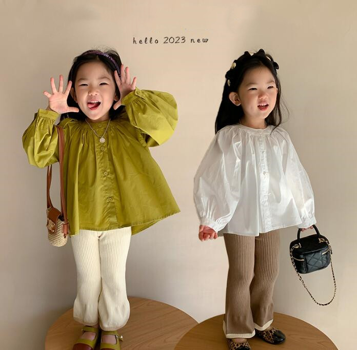 子供服★トップス★ワイシャツ★長袖シャツ★キッズ女の子★韓国風子供服★無地★2色★80-130CM