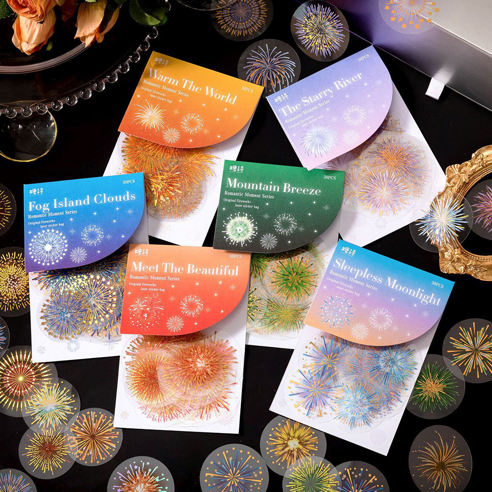 文具 PET シール貼紙 手帳素材 アンティーク 幾何学ラベル イラスト 封口貼 花火 夏祭り 30枚入