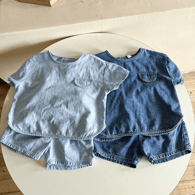 お勧め キッズ服 サマースーツ シャツ+ショートパンツ ユニセックス デニム ブラウス ツーピース80-150