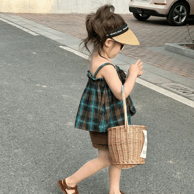 お勧め 春夏新作 子供服 シャツ+ショートパンツ チェック上着 ブラウス キャミソール フリル 5-13