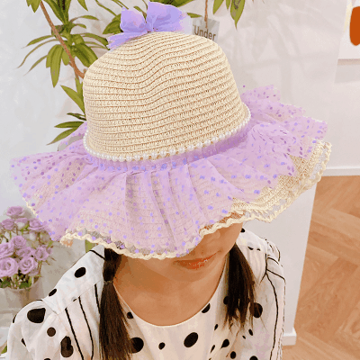 ハワイ 春夏 キッズ少女 ストローハット 麦わら帽子 日焼け止め リボン 草編み ビーチ海 ドット柄 フリル