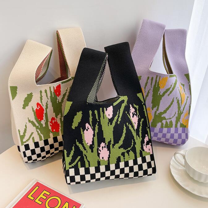 バッグ★レディース★トートバッグ★ハンドバッグ★ニットバッグ★花柄★大容量★3色