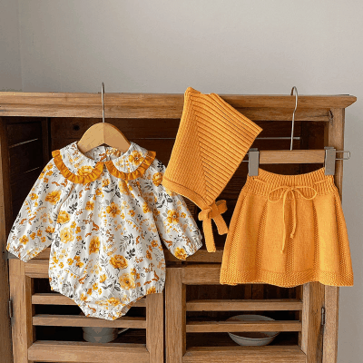 秋冬新作 ガールズ 連体服 花柄 ニット オシャレ春秋 帽子 スカート ロンパース カバーオール 66-100