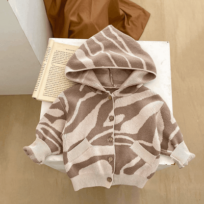 秋冬新作 ユニセックス 子供服 ニット上着 ゼブラ柄 フード付ジャケット カーディガン セーター 66-100cm