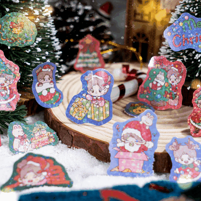 シール ステッカー イラスト クリスマス ツリー 少女少年 動物熊兎鹿雪の華 雪だるま リボン グルメ 単枚入