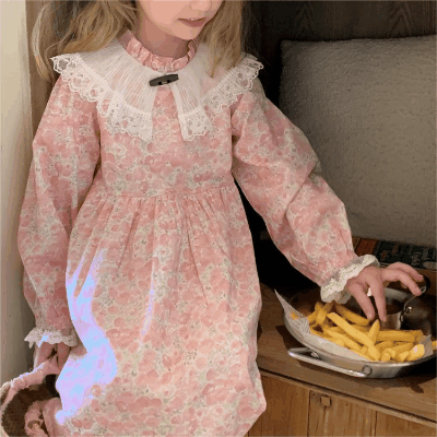 秋冬新作 ガールズ 子供服 シフトドレス フリル ワンピース ボタニカル 花柄レース ワンピ 90-140