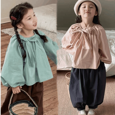 秋冬新作 オシャレ春秋 ガールズ リボン ブラウス ニッカボッカ シャツ+ズボン ワイドパンツ 7-15