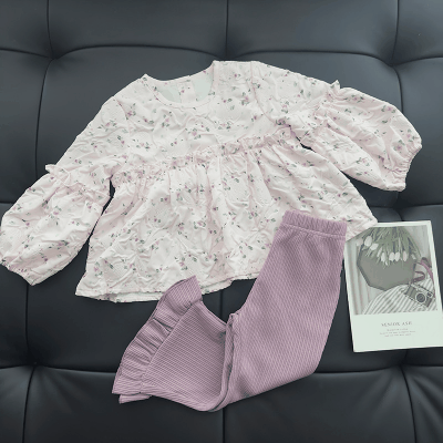 秋冬新作 ガールズ フリル ブラウス シャツ 小花柄 ベルボトム ロングパンツ 長ズボン 90-140